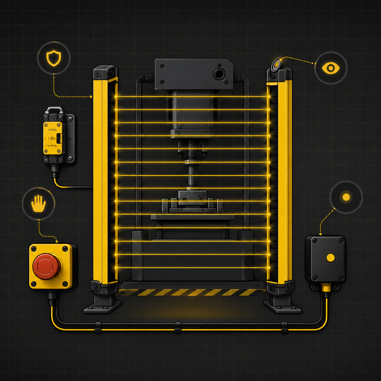 Industrial automation cell illustration with safety perimeter
